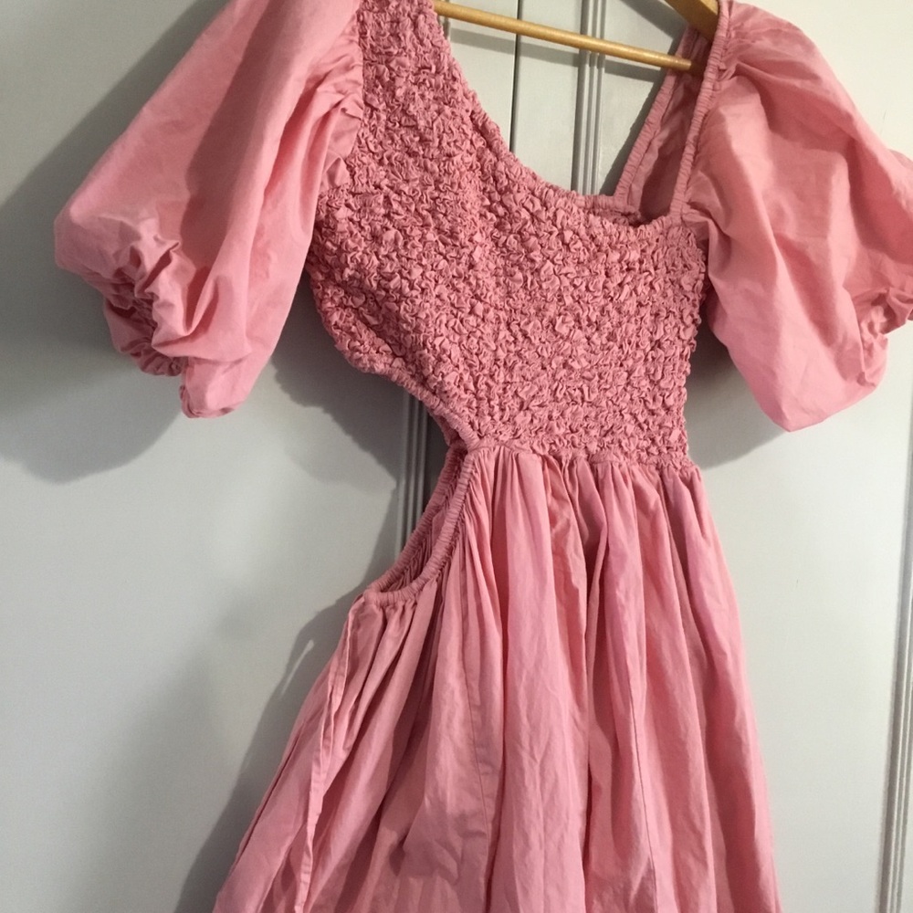 Free People KALINA Smocked Asymmetrical Puff Sleeve Cut Out Midi Dress XS - Picture 4 of 16